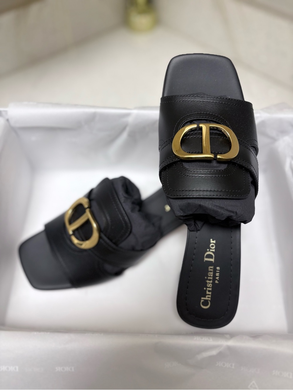 Dior Black Leather 30 Montaigne Heeled Slide Gold CD Emblem